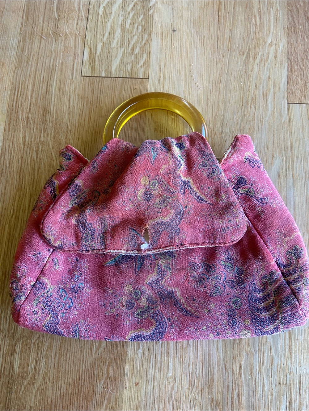 Vintage 1950s Lucite Handle Paisley Tapestry Handbag Coral Pink Retro Purse